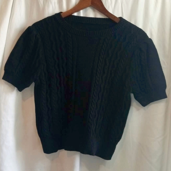Cider Sweaters - Cider XL Crop Black Cable-Knit Short Sleeve Sweater Goth Scandi Baddie Retro